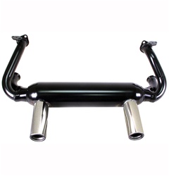 3418 2 tip muffler for VW Volkswagen. GT style exhaust system with chrome exhaust tips that exit out of the stock apron holes. This is the same style muffler used on the Herbie car.  Fits 1600cc Bug to 1973, Ghia , and 1600cc Bus.
