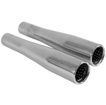 3693-0 Chrome tappered exhaust tips feature internal baffles with a larger openings for the stock VW Volkswagen muffler. Sold in pairs. Less back pressure and with better sound.