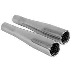 3693-0 Chrome tappered exhaust tips feature internal baffles with a larger openings for the stock VW Volkswagen muffler. Sold in pairs. Less back pressure and with better sound.