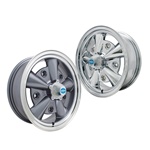 Chrome and painted 5 rib Empi alloy wheels with screw on caps for VW Volkswagen 5 on 205 bolt pattern (ET or Crestline style wheel). The superb quality reproduction wide 5 rib alloy wheel for VW Volkswagen from Empi that looks like the classic Crestline o