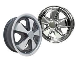 9677, 9678, 9679, 9680, 911 Porsche style Fuchs alloy wheels for VW Volkswagen were originally designed for Porsche 911's in the late 60's. Original early Porsche alloy wheels came in 4.5 inch wide but were later upgraded to 5.5 inch. Chromed and polished