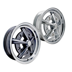 Chrome or painted with polished edge Empi Raider alloy wheels with chrome press in center caps for VW Volkswagen 5 on 205 bolt pattern. Raders were originally manufactured by the Wheel Corporation of America. They were sold through Empi and Sears & Roebuc