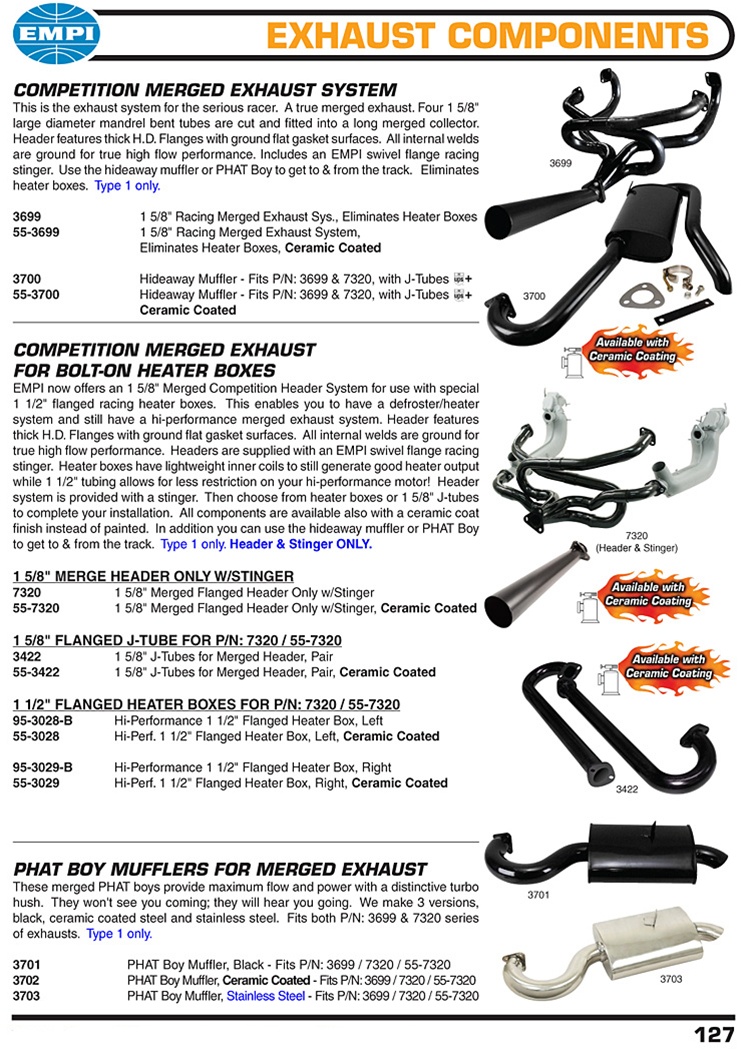 Merged header sedan exhaust and phat boy mufflers for VW Volkswagen COMPETITION MERGED EXHAUST SYSTEM This is the exhaust system for the serious racer. A true merged exhaust. Four 1 5/8" large diameter mandrel bent tubes are cut and fitted into a long mer