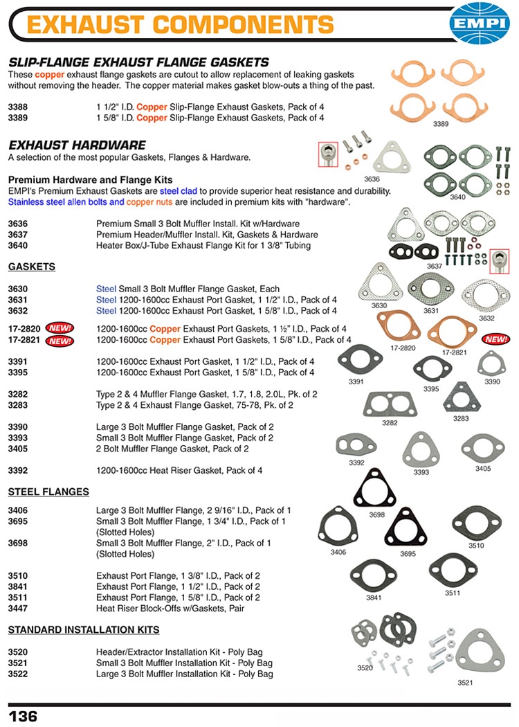 Exhaust gaskets, copper, metal, paper, steel exhaust flanges for VW Volkswagen. SLIP-FLANGE EXHAUST FLANGE GASKETS These copper exhaust flange gaskets are cutout to allow replacement of leaking gaskets without removing the header. The copper material make