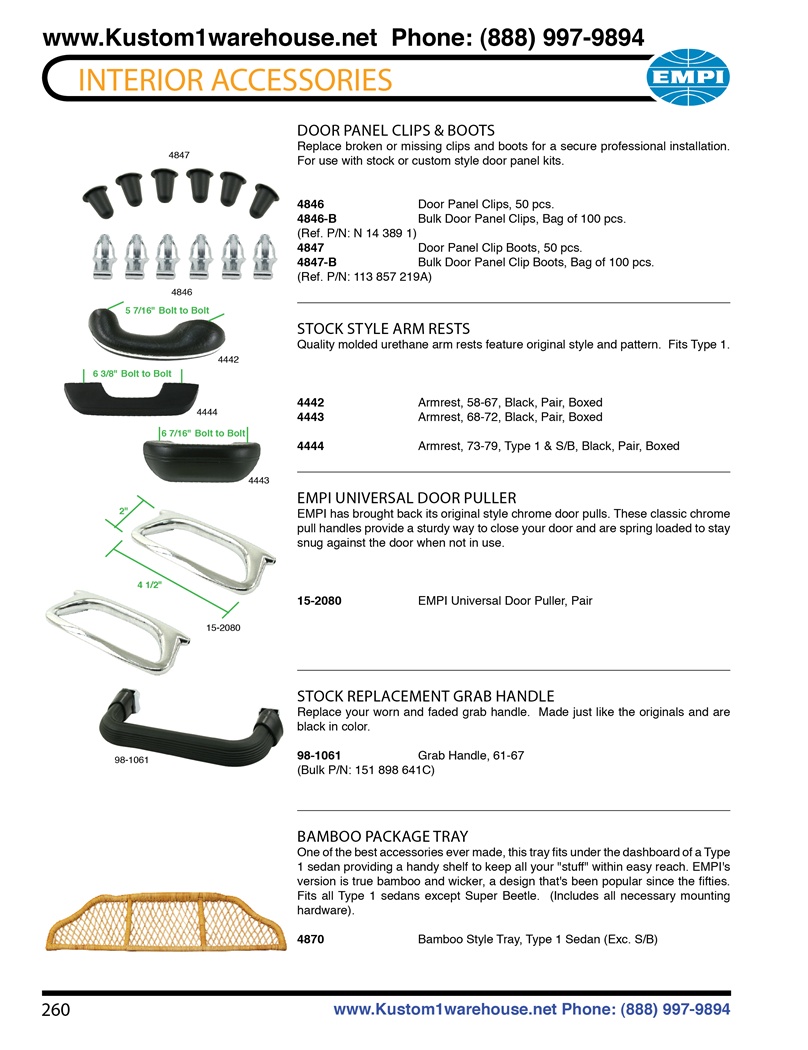 Door panel clips, boot, stock style replacement arm rest, Empi door pulls, dash grab handle, wicker and bamboo under dash package trays for VW Volkswagen. DOOR PANEL CLIPS & BOOTS Replace broken or missing clips and boots for a secure professional install