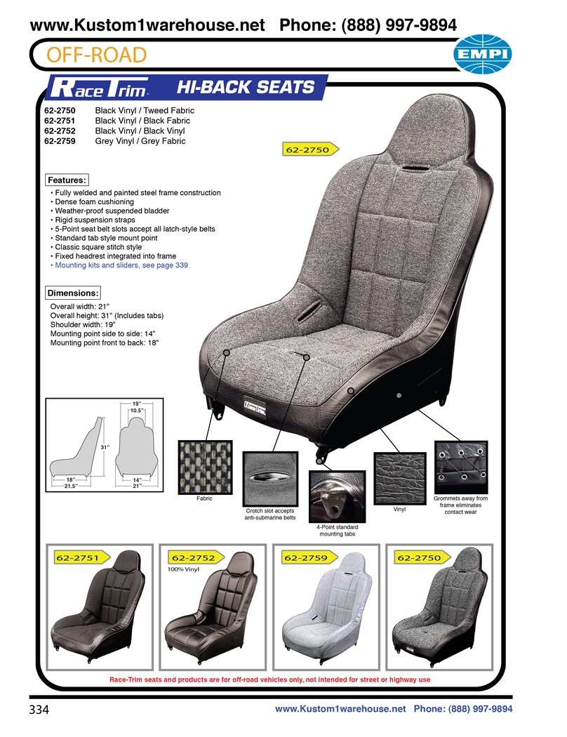 Empi race trim high back performance offroad racing suspension bucket seats black or grey vinyl, grey or tweed fabric for autos, trucks, boats  VW Volkswagen. prp mastercraft beard redart twisted stitch cheap procomp recaro rancho  aftermarket bds sparco