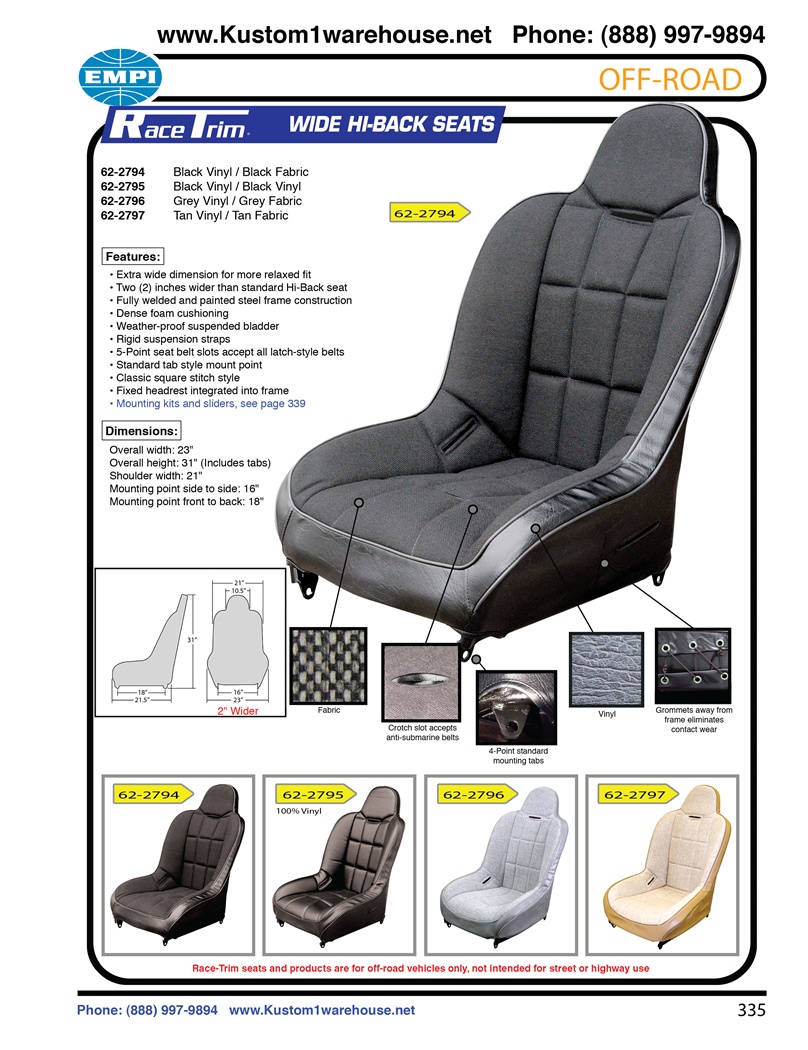 Empi race trim high back performance offroad racing suspension bucket seats black or grey vinyl, grey or tweed fabric for autos, trucks, boats VW Volkswagen. prp mastercraft beard redart twisted stitch cheap procomp recaro rancho  aftermarket bds sparco
