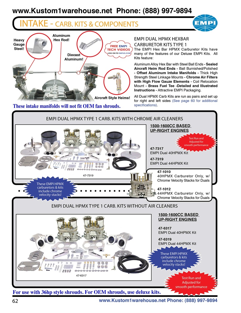 Empi dual hpmx 40mm and 44mm weber idf carburetors kits with chrome velocity stacks, aluminum manifolds, chrome air cleaners with high flow gauze air filters, hex bar linkage for VW Volkswagen buggy, sandrails, bajas and sand cars motors. EMPI Ultra Dual