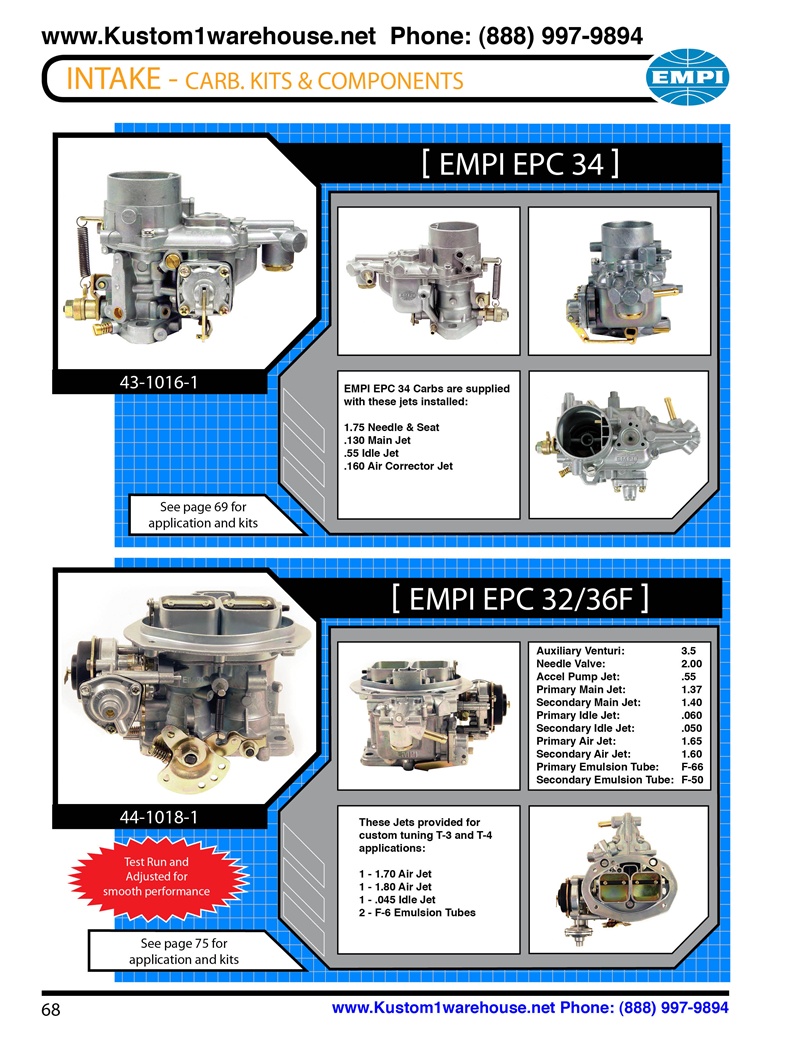 Empi dual 34mm epc ict and 32/36f single progressive carburetors weber for buggy, sandrails, baja bug and VW Volkswagen Type 1 Beetle ict 43-1016-1 Test Run and Adjusted for smooth performance. 43-1016-1 EMPI EPC 34 Carbs are supplied with these jets inst