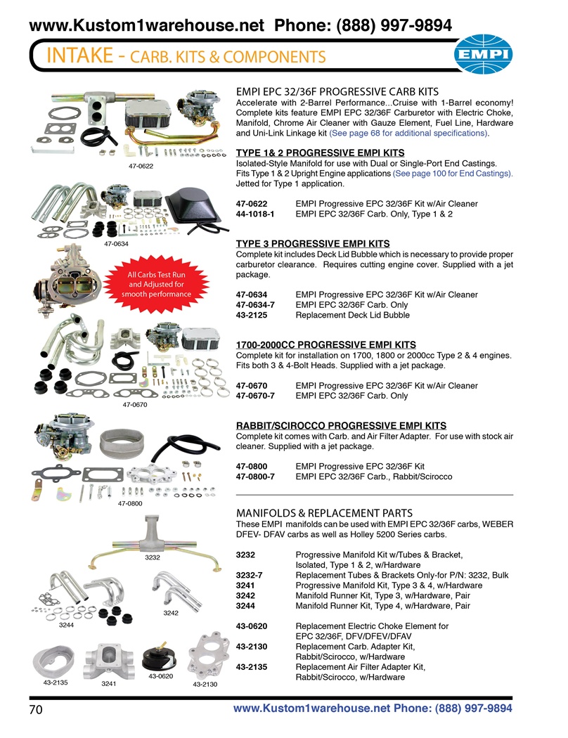 Empi 32/36 epc 2 barrel progressive conversion carburetor kits with electric choke, chrome gauze air cleaner, manifolds and runners for bus, buggy, sandrails, baja bug and VW Volkswagen Type 1, 2, 3, 4 Beetle. EMPI EPC 32/36F PROGRESSIVE Carb KITS Acceler