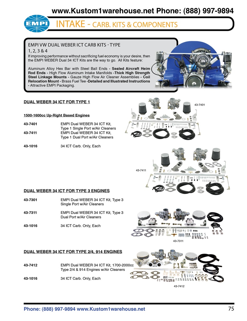 Empi dual 34mm epc carburetors kits with hex cross bar linkage, chrome gauze air cleaners, single and dual port aluminum manifolds for buggy, sandrails, baja bug and VW Volkswagen Type 1, 2, 3, 4 Beetle ict. EMPI VW Dual EPC 34 Carb Kits for Type 1, 2, 3