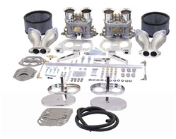 47-7319 Dual 44mm HPMX Carburetor kits for VW Volkswagen K1317 43-8317 43-8319 43-7317 with hex bar linkage with steel ball end, heim rod ends, dual port offset aluminum intake manifolds, steel linkage that won't flex, chrome air filter with gauze