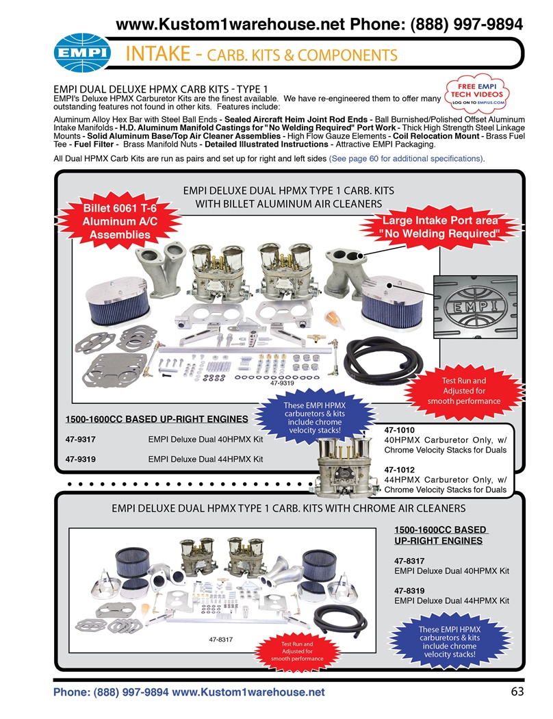 Empi deluxe HPMX dual 40mm and 44mm Type 1 carburetor kits with billet or chrome air cleaners for VW Volkswagen EMPI Dual Deluxe HPMX Carb Kits - Type 1 EMPI's Deluxe HPMX Carburetor Kits are the finest available. We have re-engineered them to offer many