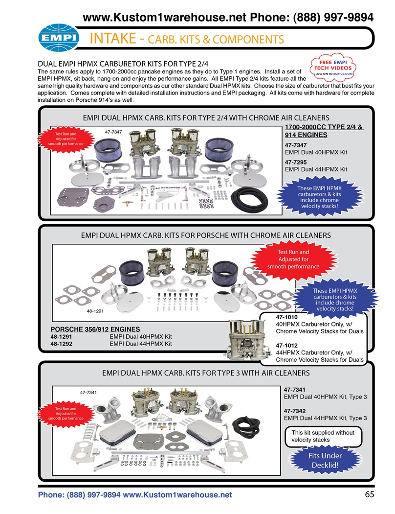 Empi dual hpmx 40mm and 44mm weber idf carburetors kits with chrome velocity stacks, aluminum manifolds, chrome air cleaners with high flow gauze air filters, hex bar linkage for buggy, sandrails, baja Porsche and VW Volkswagen Type 2, 3 and 4 .Dual EMPI