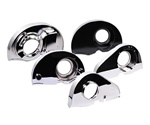 Replacement black and chromed, engine fan shrouds for VW Volkswagen. Angled for remote coolers, for early or late model doghouse oil coolers, with or without heater. Replacement fan shrouds, cylinder tins, breast plates and firewall tins can get your engi