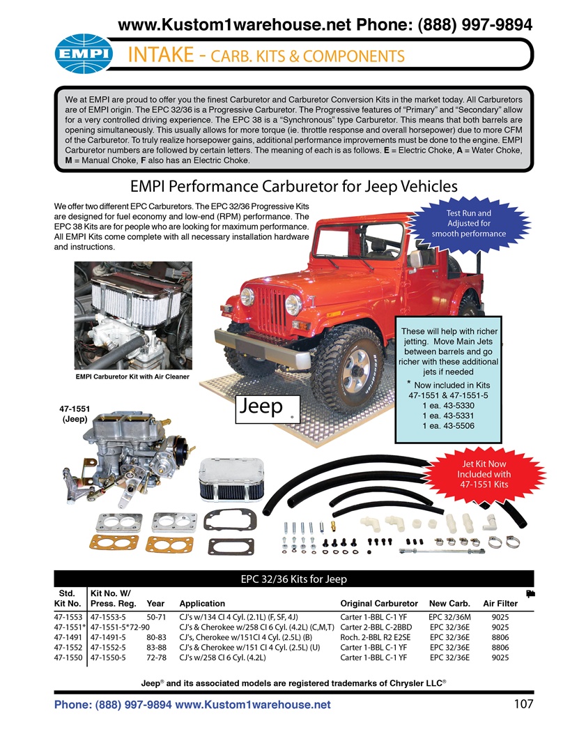 Empi carburetor conversion kit 32/36 E A M epc progressive for Jeep CJ, Cherokee, Carter, Rochester, Weber 2.1L, 4.2L, 2.5L engines. We at EMPI are proud to offer you the finest Carburetor and Carburetor Conversion Kits in the market today. All Carburetor