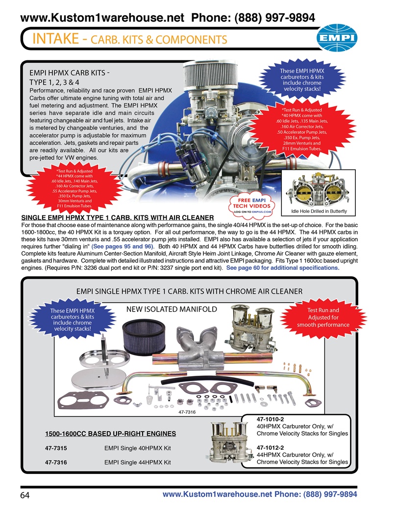 Empi deluxe HPMX dual 40mm and 44mm Type 1 carburetor kits with billet or chrome air cleaners for VW Volkswagen EMPI Dual Deluxe HPMX Carb Kits - Type 1 EMPI's Deluxe HPMX Carburetor Kits are the finest available. We have re-engineered them to offer many